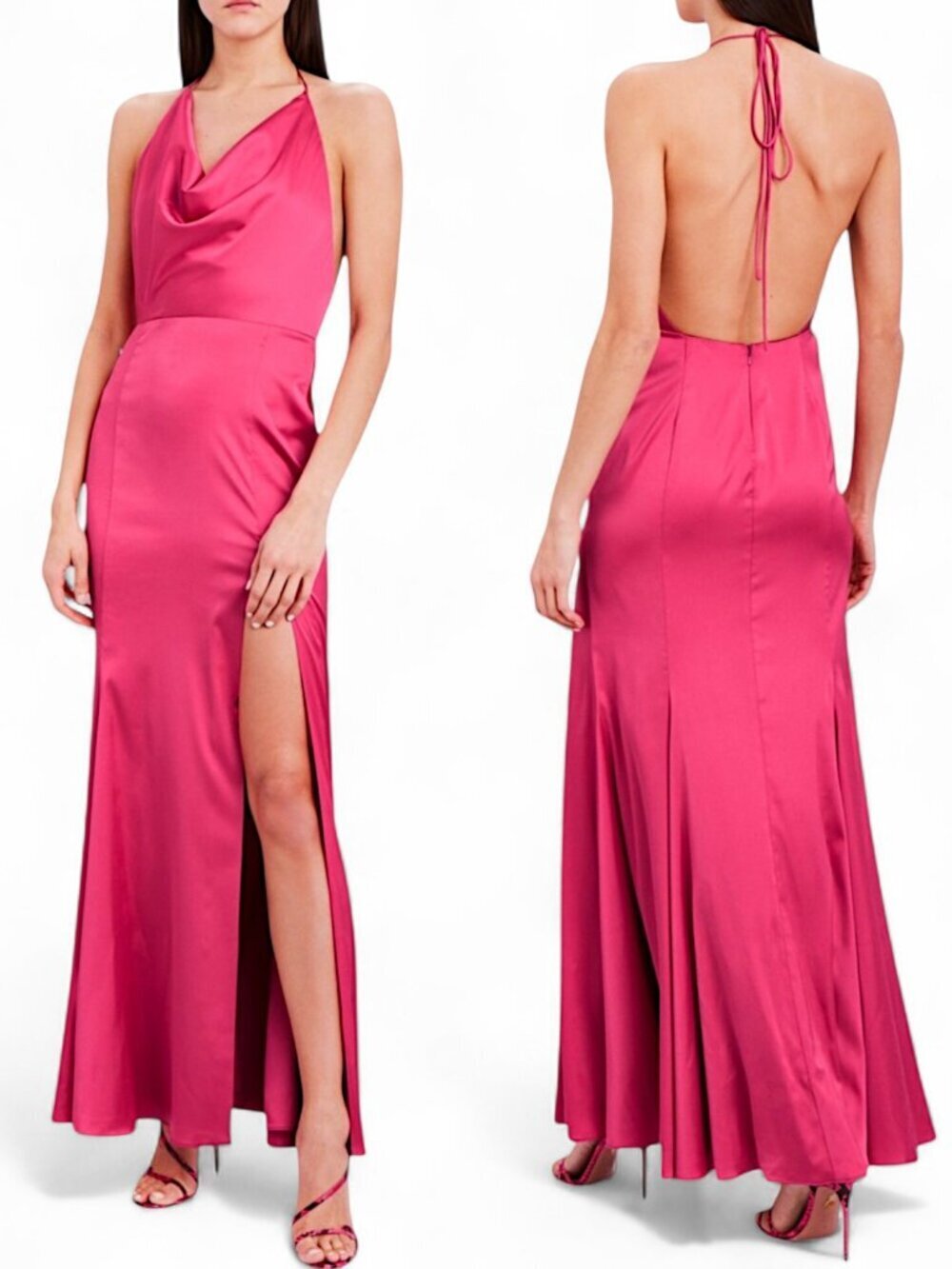 Fame and Partners Fortitude Hot Pink Satin Cowl Neck Halter Maxi Dress NWT 2 4